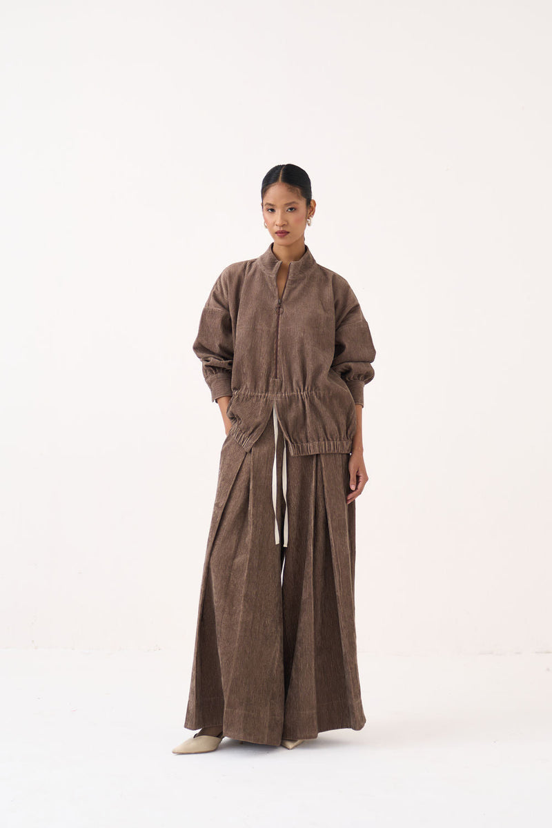 Corduroy Drawstring Top Co-Ord (Set Of 2)-Umber corduroy co-ord set by THREE in brown for women in Singapore