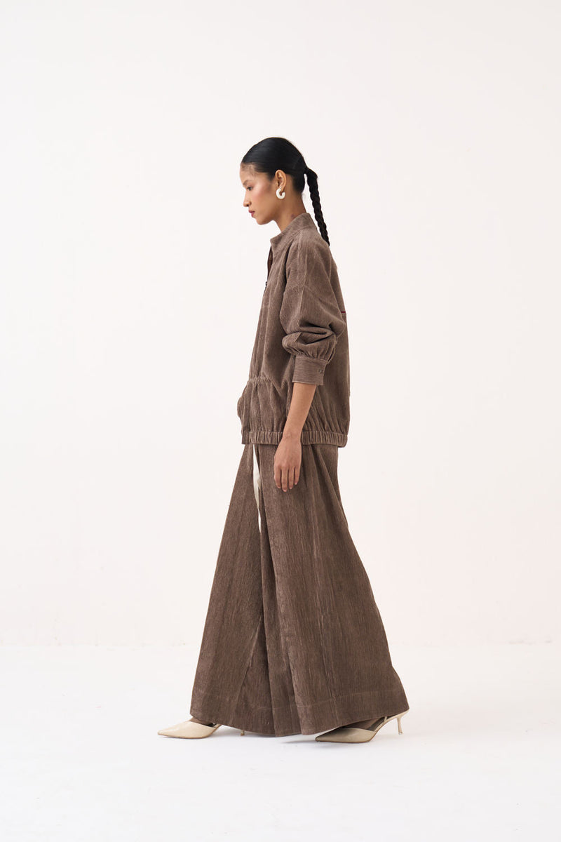 Corduroy Drawstring Top Co-Ord (Set Of 2)-Umber corduroy co-ord set by THREE in brown for women in Singapore