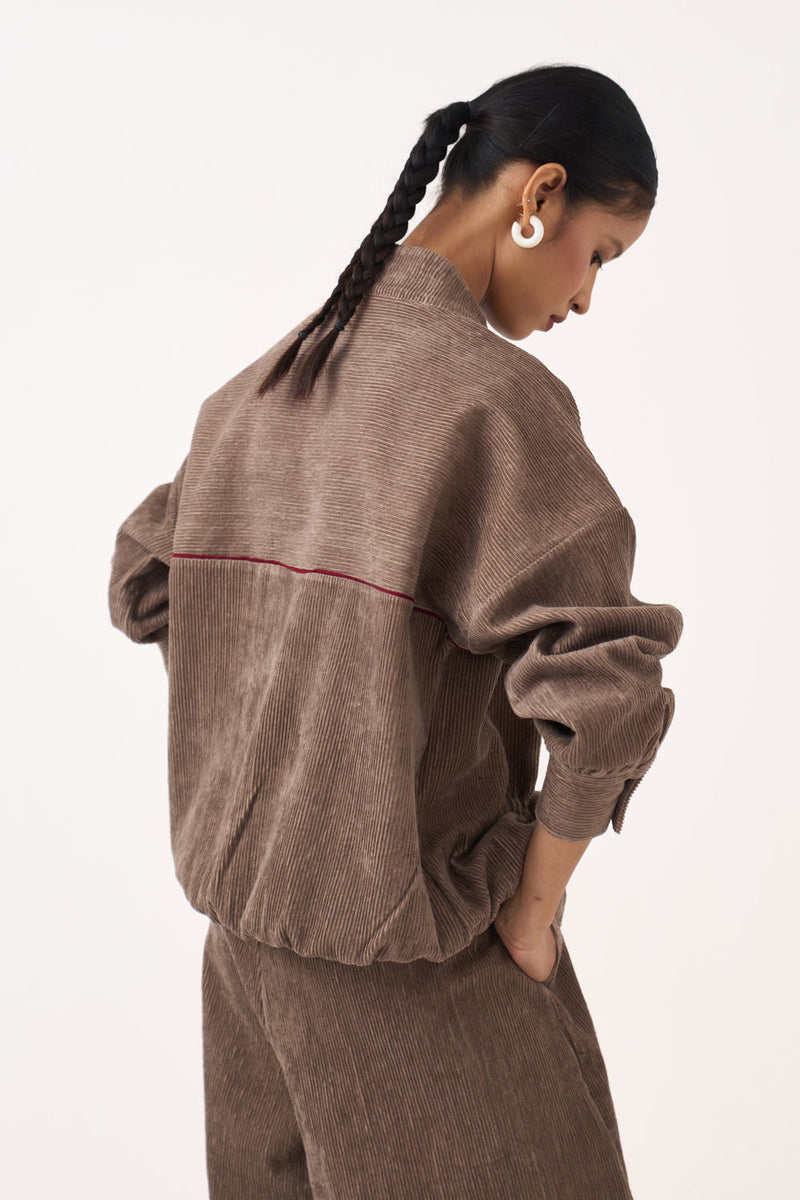 Corduroy Drawstring Top Co-Ord (Set Of 2)-Umber corduroy co-ord set by THREE in brown for women in Singapore
