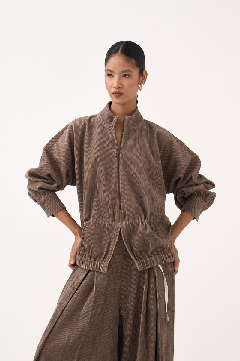 Corduroy Drawstring Top Co-Ord (Set Of 2)-Umber corduroy co-ord set by THREE in brown for women in Singapore