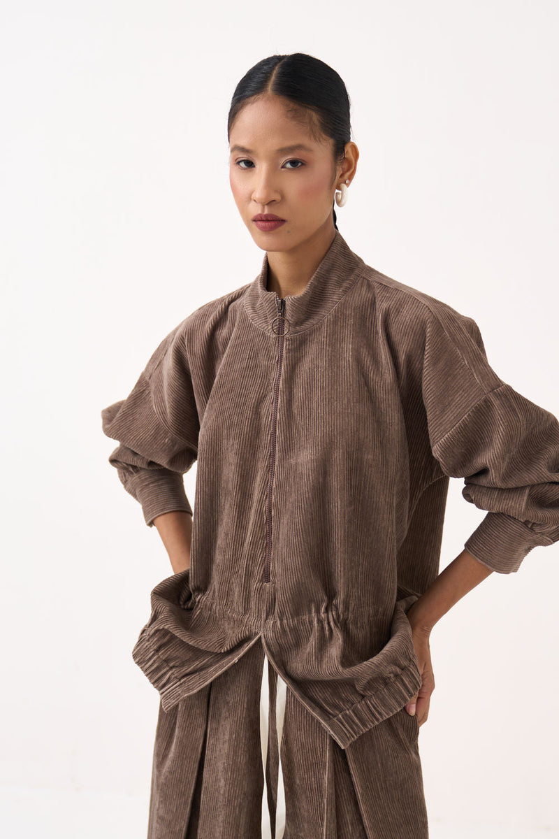 Corduroy Drawstring Top Co-Ord (Set Of 2)-Umber corduroy co-ord set by THREE in brown for women in Singapore