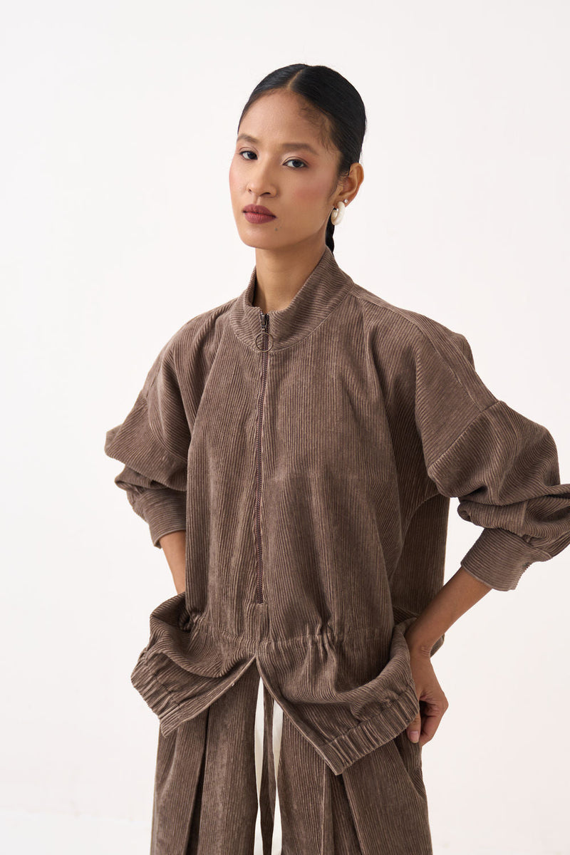 Corduroy Drawstring Top-Umber corduroy top/shirt by THREE in brown for women in Singapore