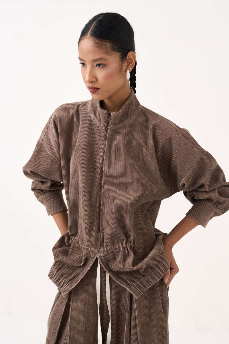Corduroy Drawstring Top-Umber corduroy top/shirt by THREE in brown for women in Singapore