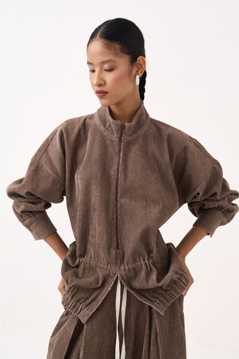 Corduroy Drawstring Top-Umber corduroy top/shirt by THREE in brown for women in Singapore
