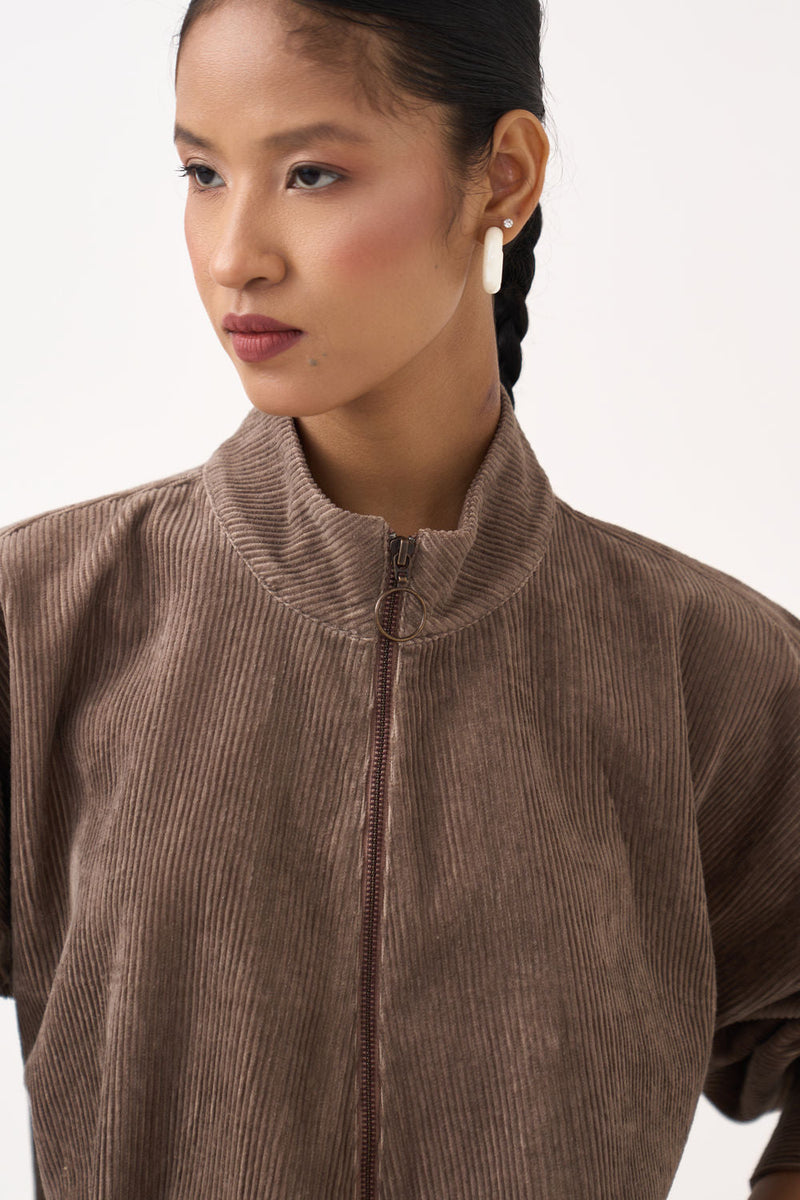 Corduroy Drawstring Top-Umber corduroy top/shirt by THREE in brown for women in Singapore