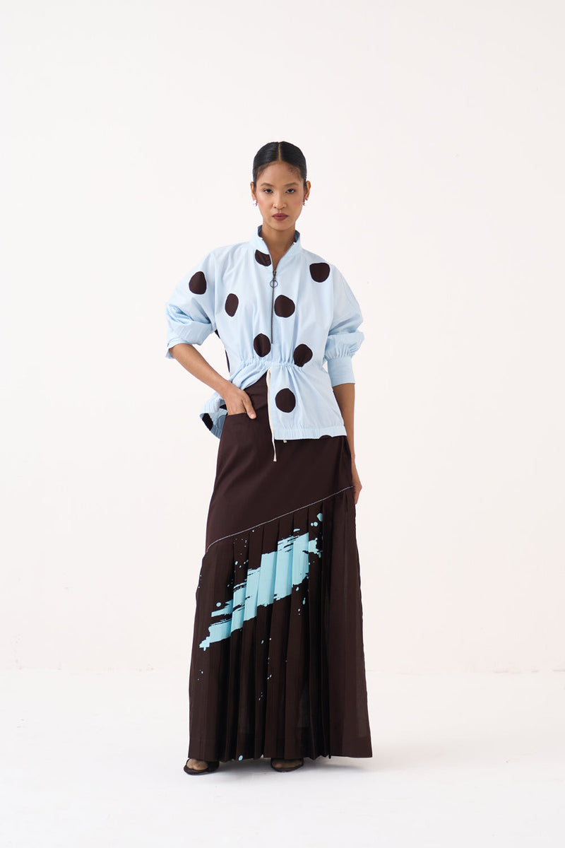 Splash Print Pleated Skirt-Cocoa Brown 100% cotton poplin skirt by THREE in dark brown for women in Singapore
