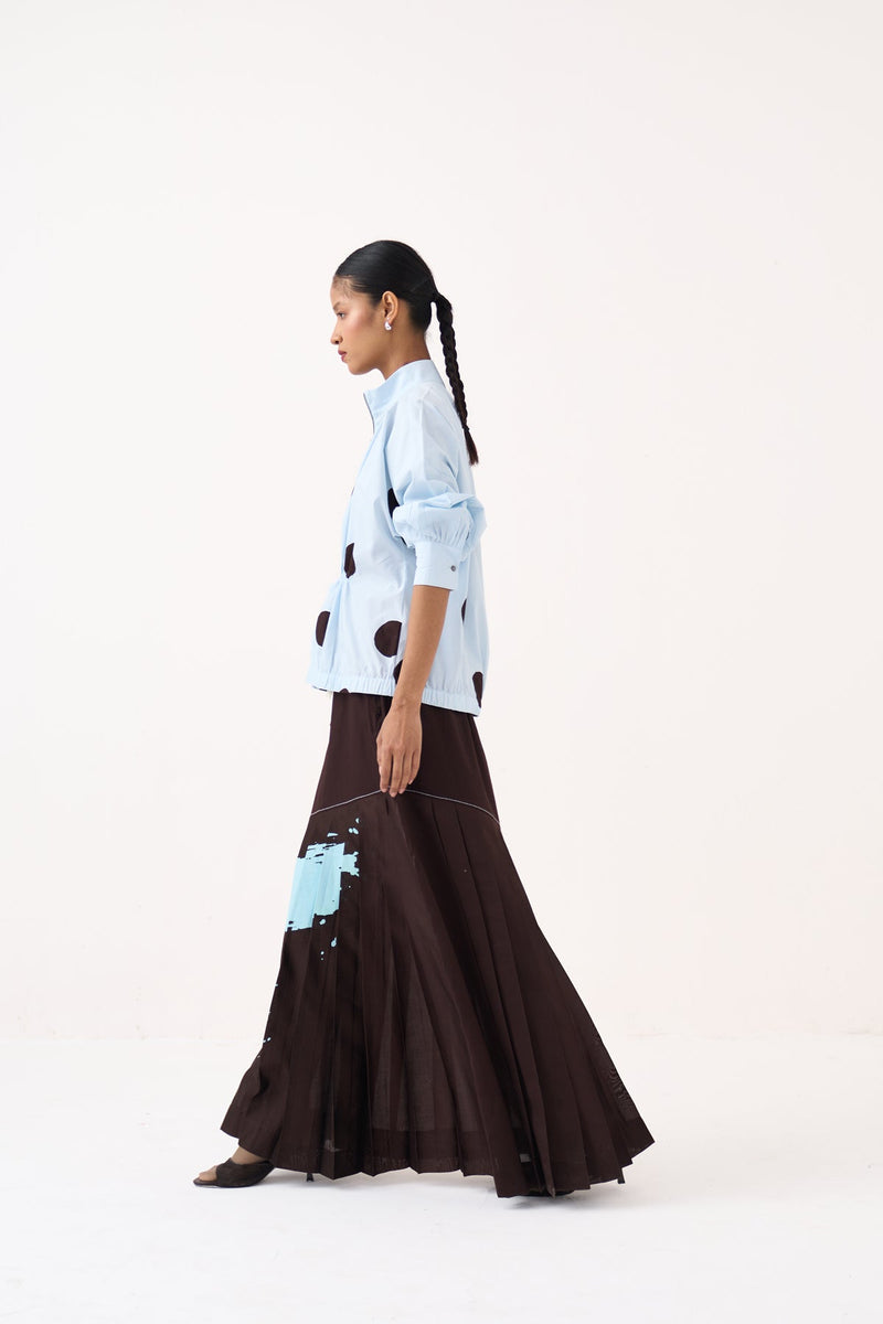 Splash Print Pleated Skirt-Cocoa Brown 100% cotton poplin skirt by THREE in dark brown for women in Singapore