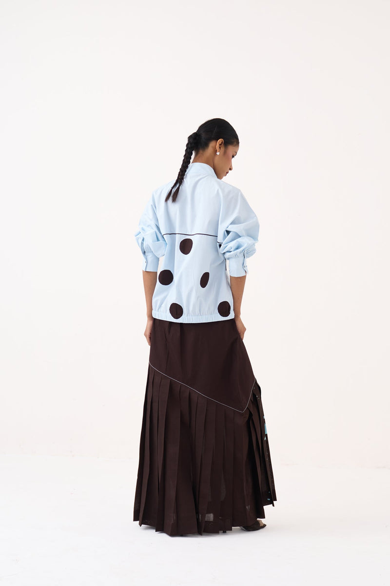 Splash Print Pleated Skirt-Cocoa Brown 100% cotton poplin skirt by THREE in dark brown for women in Singapore