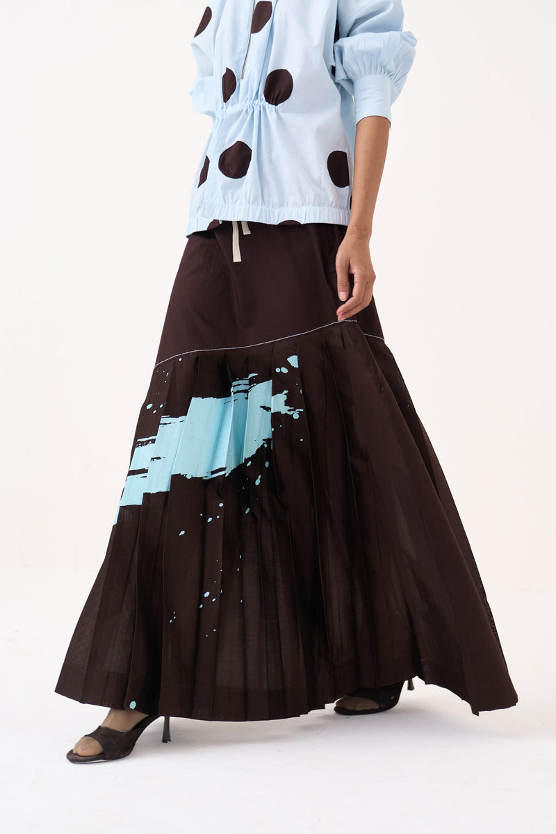 Splash Print Pleated Skirt Co-Ord-Ice Blue & Cocoa Brown 100% cotton poplin co-ord set by THREE in ice blue for women in Singapore