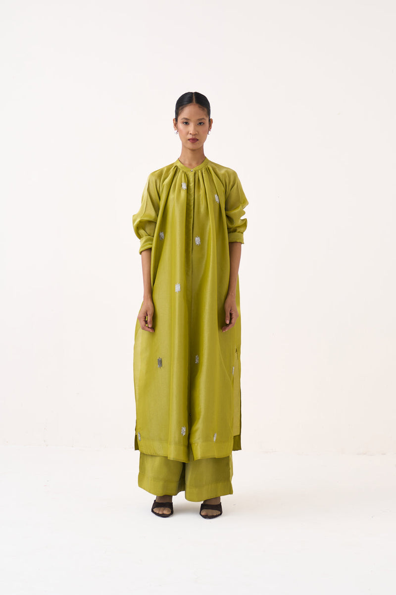 Hand Emb. Gather Neck Shirt Co-Ord (Set Of 2)-Electric Lime metallic tissue co-ord set by THREE in yellow for women in Singapore