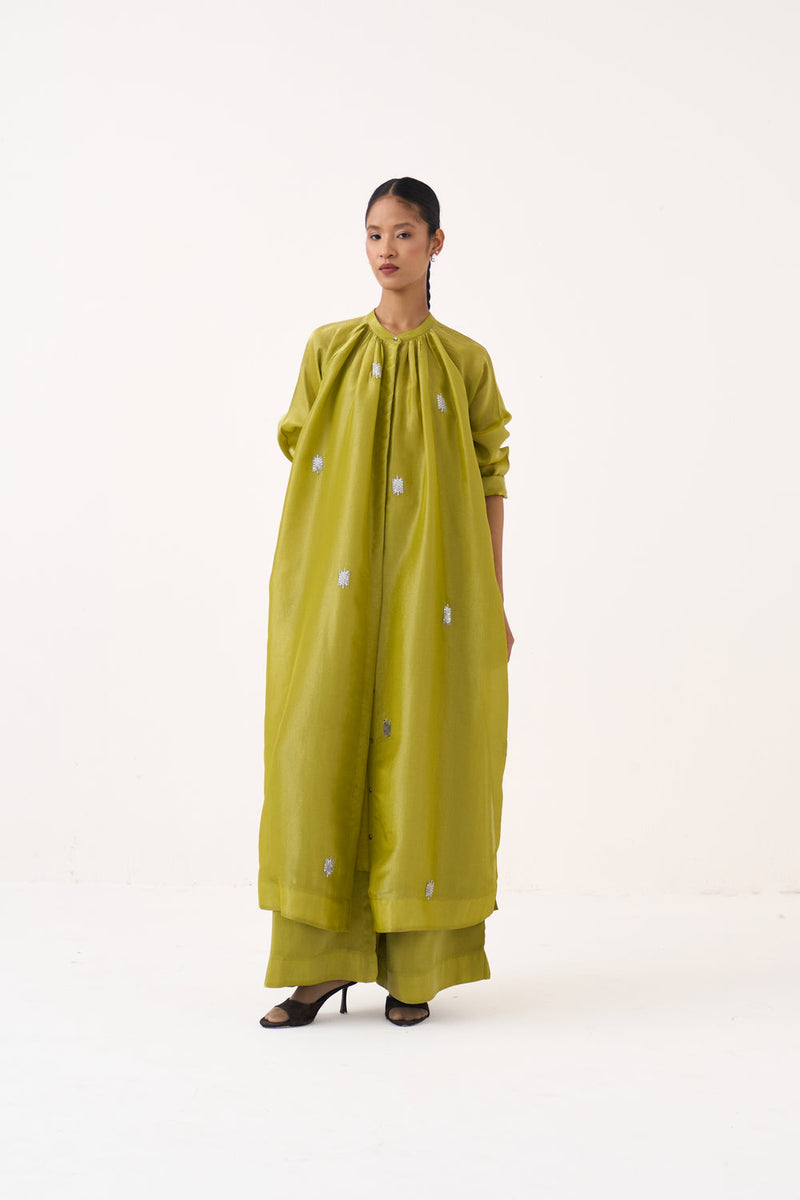 Hand Emb. Gather Neck Shirt Co-Ord (Set Of 2)-Electric Lime metallic tissue co-ord set by THREE in yellow for women in Singapore