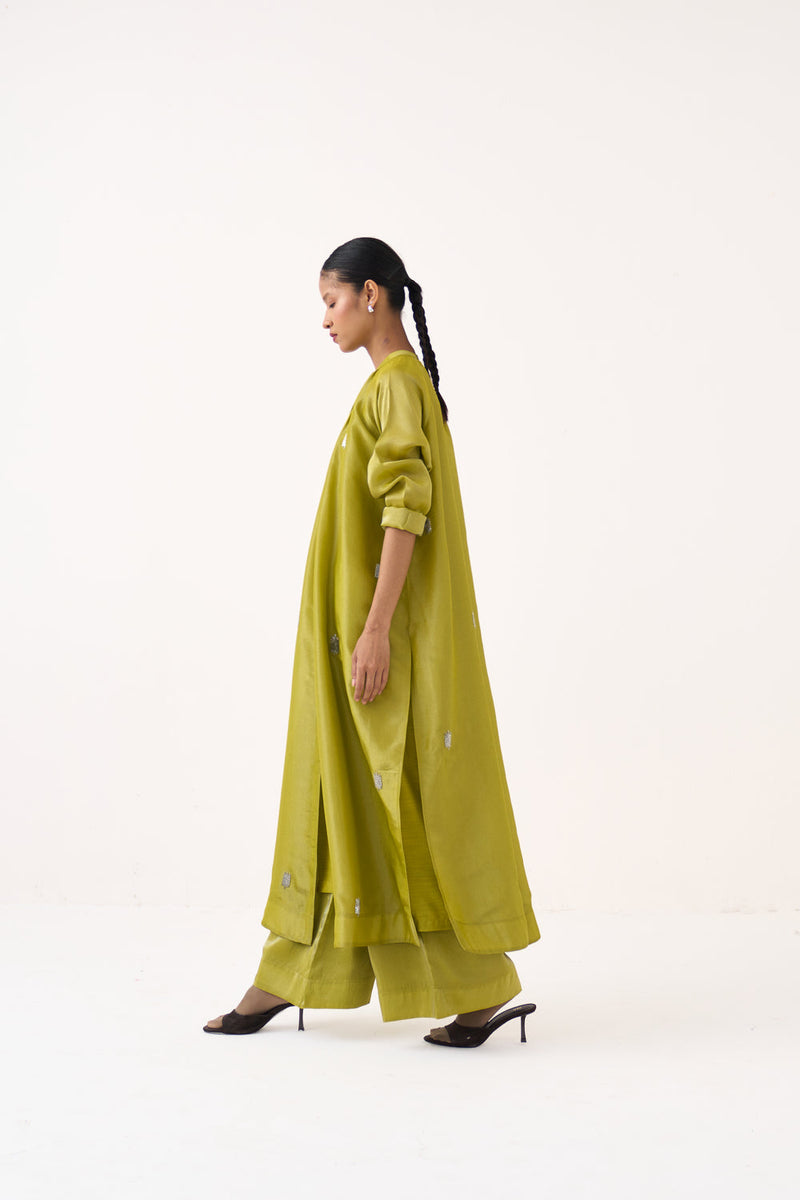 Hand Emb. Gather Neck Shirt Co-Ord (Set Of 2)-Electric Lime metallic tissue co-ord set by THREE in yellow for women in Singapore