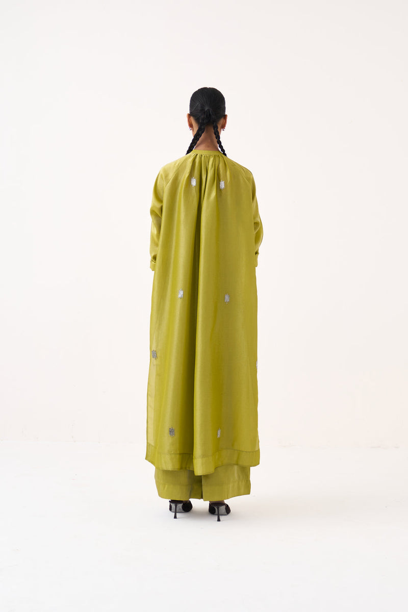 Hand Emb. Gather Neck Shirt Co-Ord (Set Of 2)-Electric Lime metallic tissue co-ord set by THREE in yellow for women in Singapore