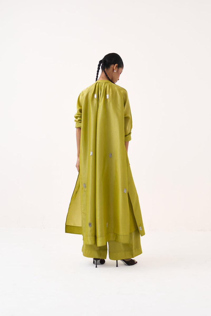 Hand Emb. Gather Neck Shirt Co-Ord (Set Of 2)-Electric Lime metallic tissue co-ord set by THREE in yellow for women in Singapore