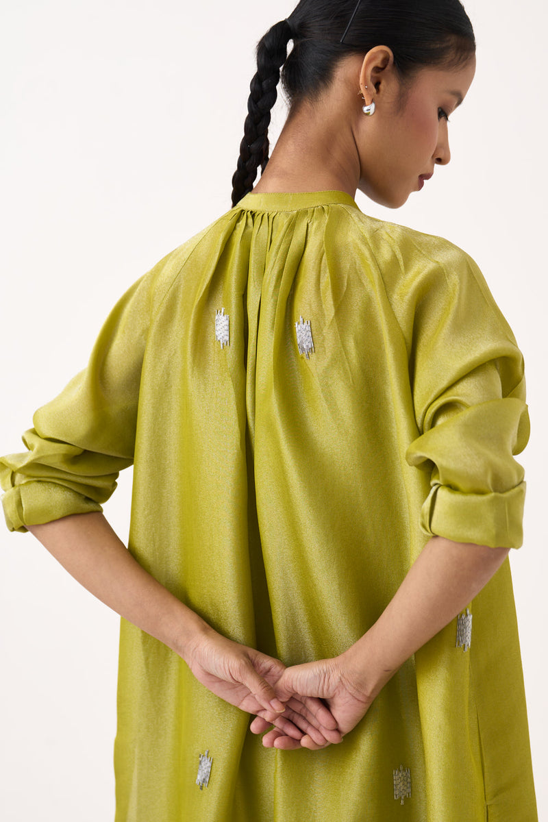 Hand Emb. Gather Neck Shirt Co-Ord (Set Of 2)-Electric Lime metallic tissue co-ord set by THREE in yellow for women in Singapore