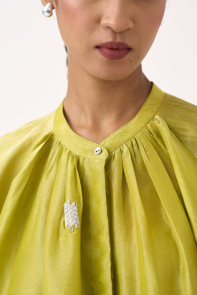 Hand Emb. Gather Neck Shirt Co-Ord (Set Of 2)-Electric Lime metallic tissue co-ord set by THREE in yellow for women in Singapore