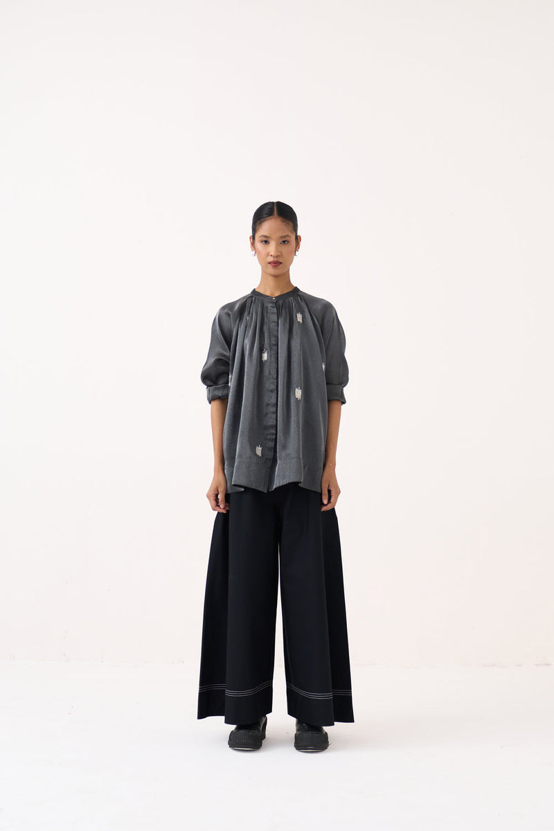 Hand Emb. Peasant Top Co-Ord (Set Of 2)-Graphite metallic tissue, 100% cotton poplin co-ord set by THREE in grey for women in Singapore
