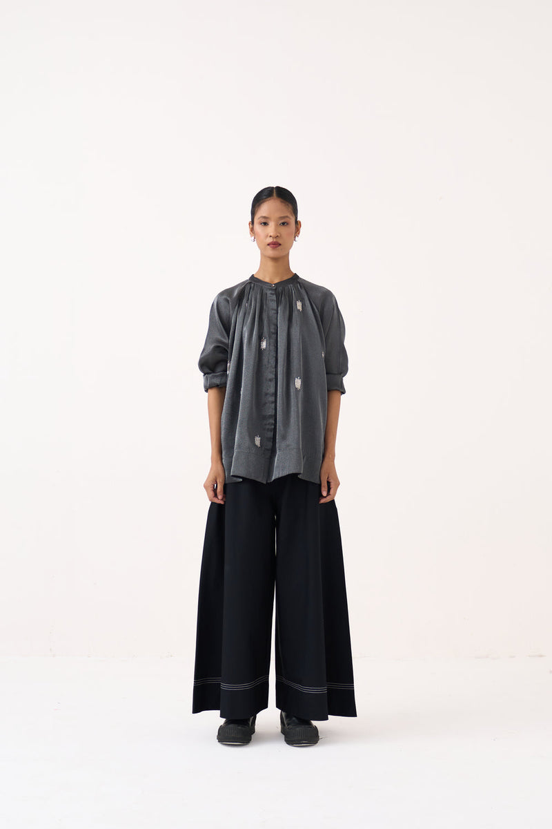 Hand Emb. Peasant Top-Graphite metallic tissue top/shirt by THREE in grey for women in Singapore