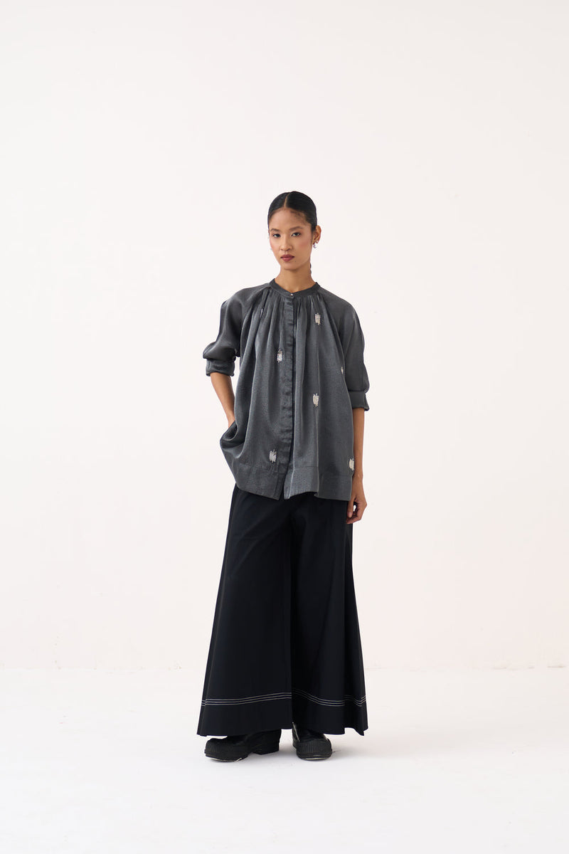 Hand Emb. Peasant Top Co-Ord (Set Of 2)-Graphite metallic tissue, 100% cotton poplin co-ord set by THREE in grey for women in Singapore