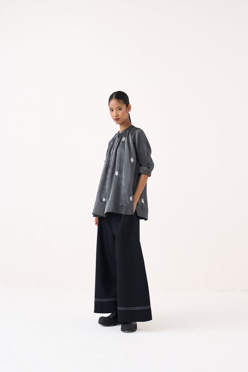 Hand Emb. Peasant Top Co-Ord (Set Of 2)-Graphite metallic tissue, 100% cotton poplin co-ord set by THREE in grey for women in Singapore