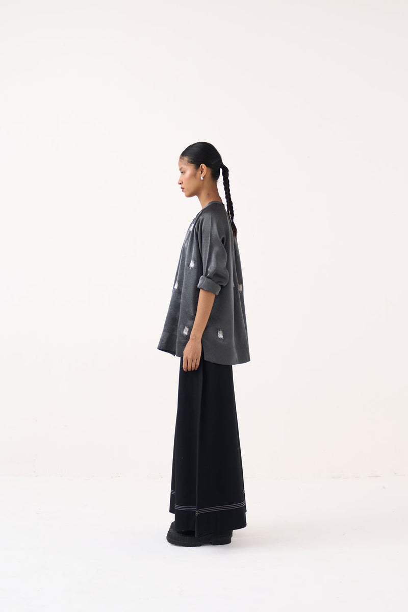 Hand Emb. Peasant Top Co-Ord (Set Of 2)-Graphite metallic tissue, 100% cotton poplin co-ord set by THREE in grey for women in Singapore