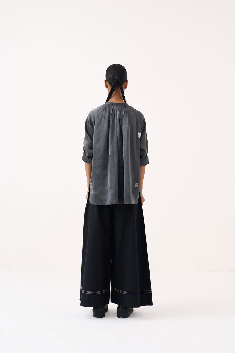 Hand Emb. Peasant Top Co-Ord (Set Of 2)-Graphite metallic tissue, 100% cotton poplin co-ord set by THREE in grey for women in Singapore