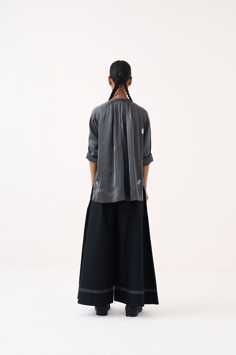 Hand Emb. Peasant Top-Graphite metallic tissue top/shirt by THREE in grey for women in Singapore