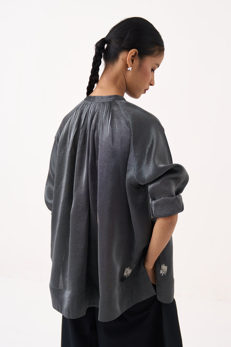 Hand Emb. Peasant Top-Graphite metallic tissue top/shirt by THREE in grey for women in Singapore