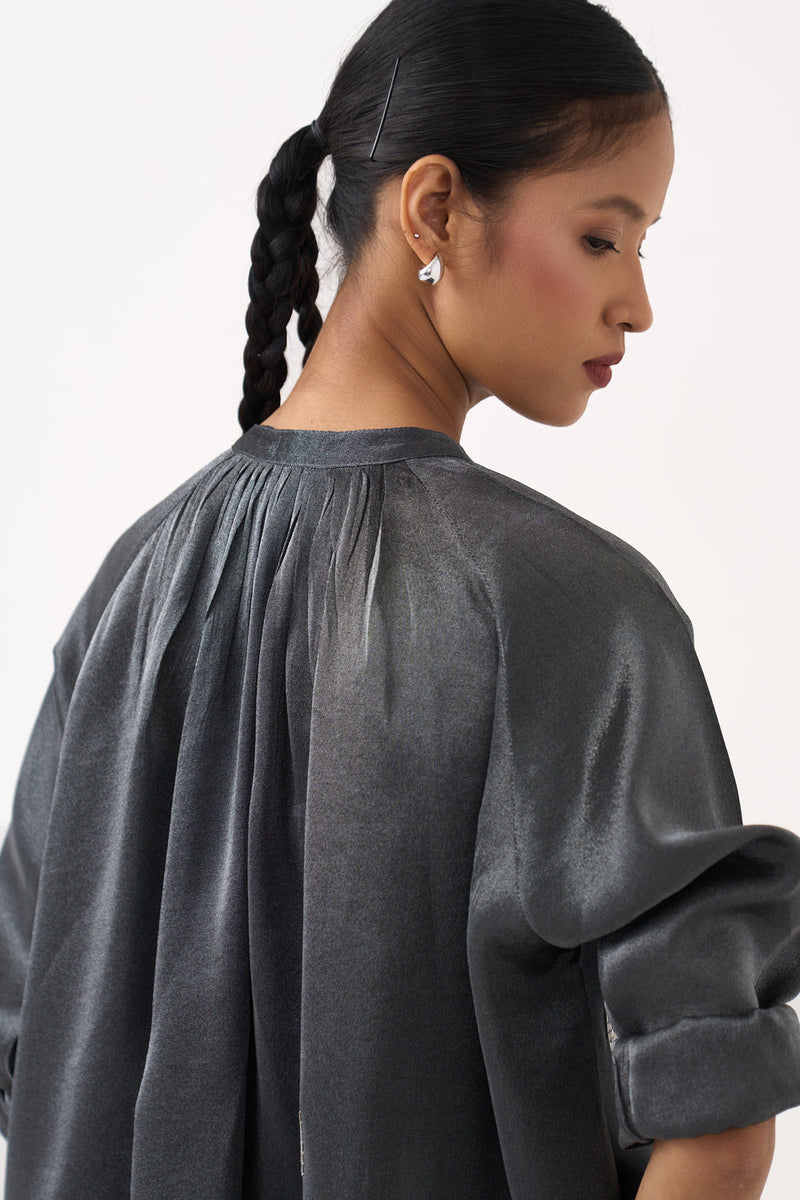 Hand Emb. Peasant Top-Graphite metallic tissue top/shirt by THREE in grey for women in Singapore