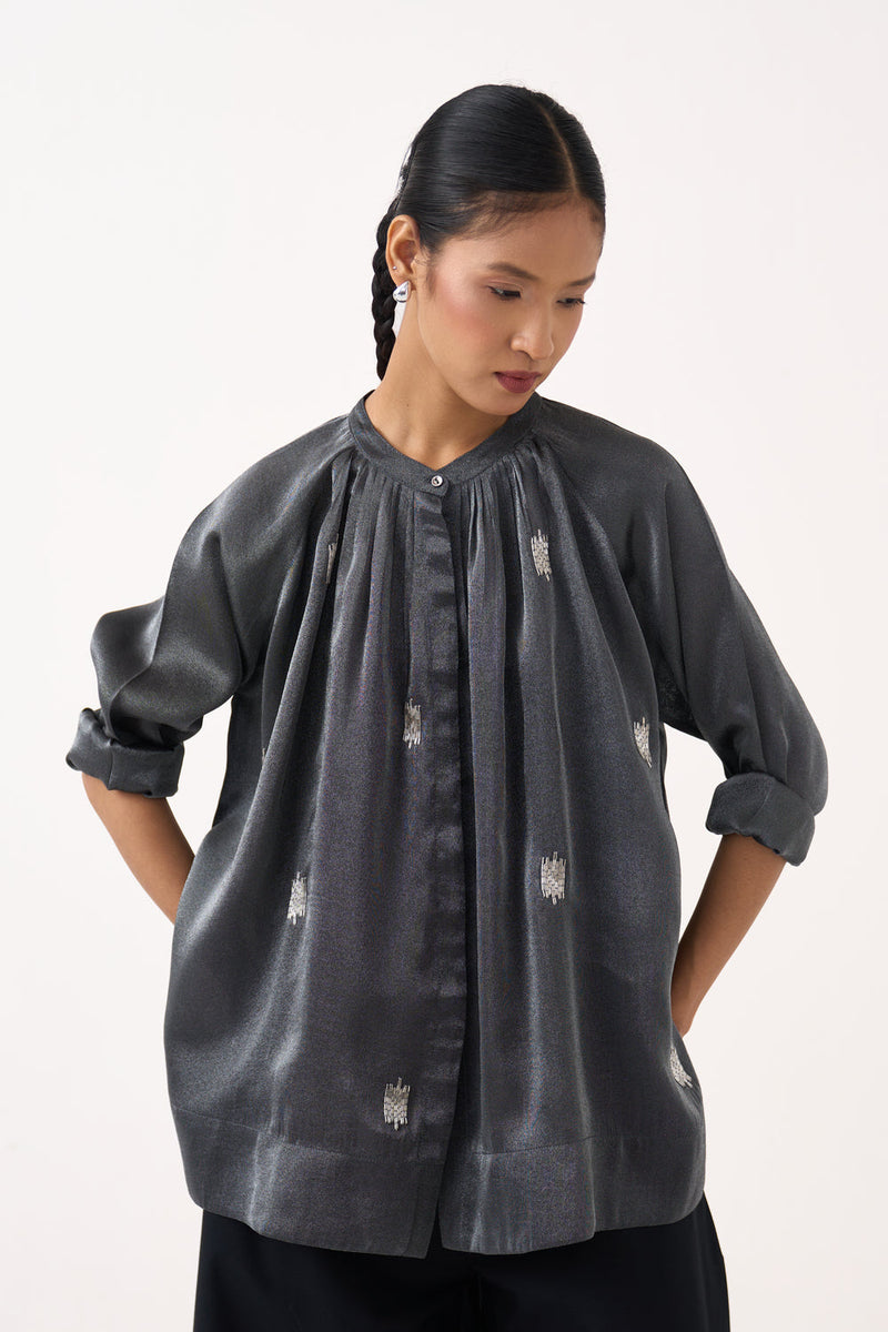 Hand Emb. Peasant Top-Graphite metallic tissue top/shirt by THREE in grey for women in Singapore