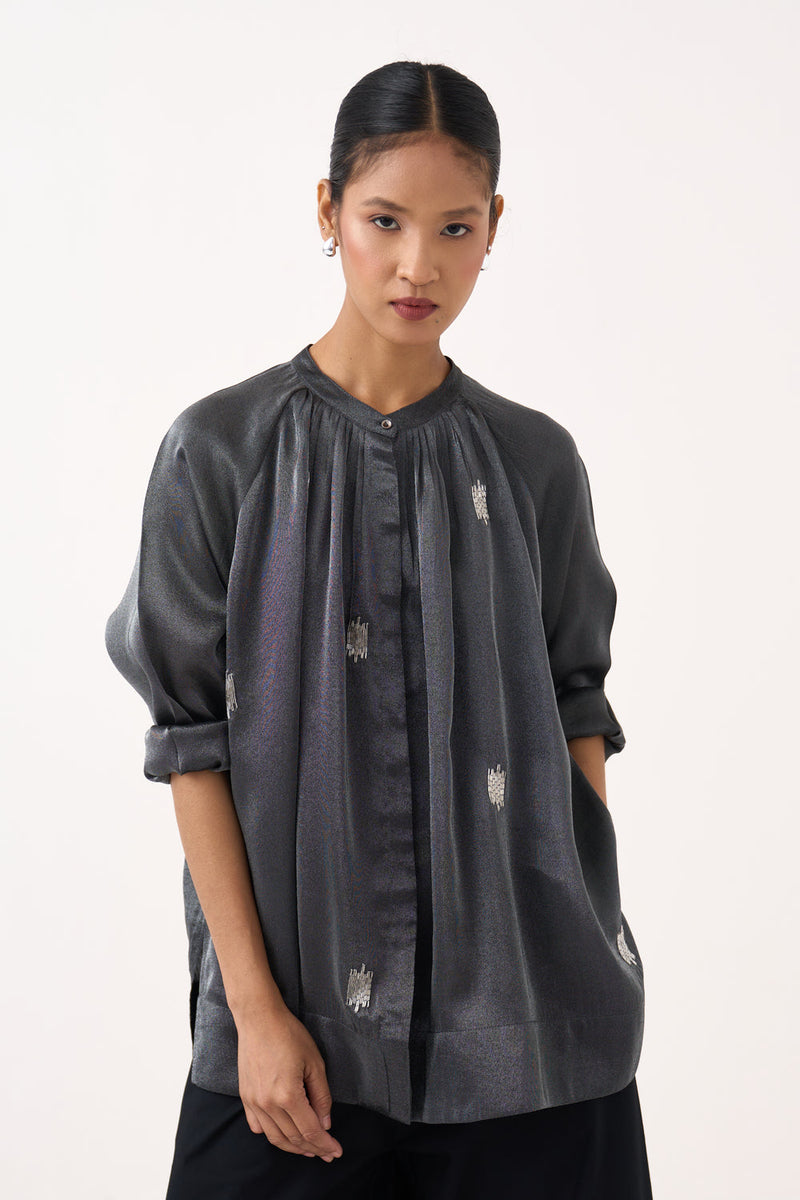 Hand Emb. Peasant Top Co-Ord (Set Of 2)-Graphite metallic tissue, 100% cotton poplin co-ord set by THREE in grey for women in Singapore
