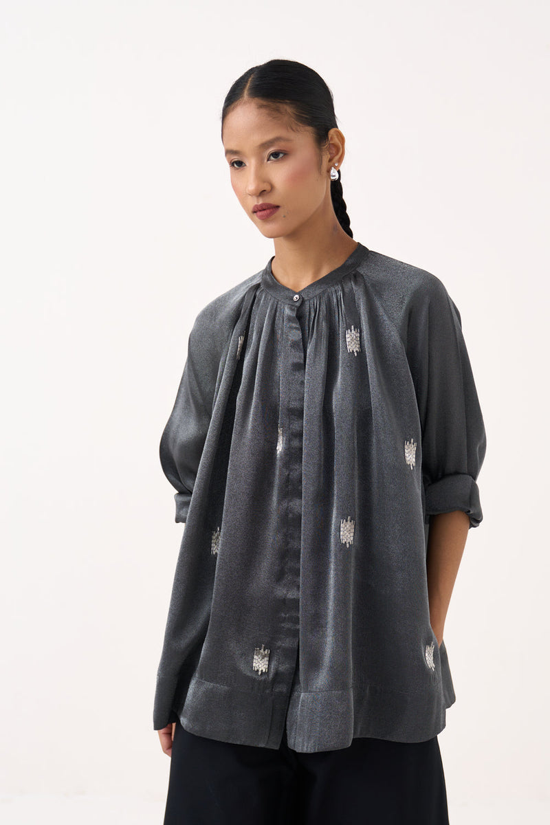 Hand Emb. Peasant Top-Graphite metallic tissue top/shirt by THREE in grey for women in Singapore