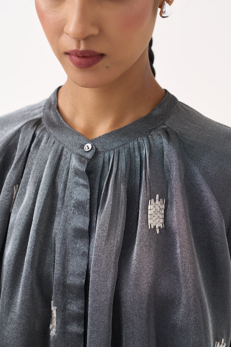 Hand Emb. Peasant Top Co-Ord (Set Of 2)-Graphite metallic tissue, 100% cotton poplin co-ord set by THREE in grey for women in Singapore