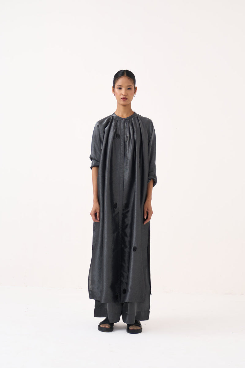 Hand Emb. Gather Neck Shirt Co-Ord (Set Of 2)-Graphite metallic tissue co-ord set by THREE in grey for women in Singapore