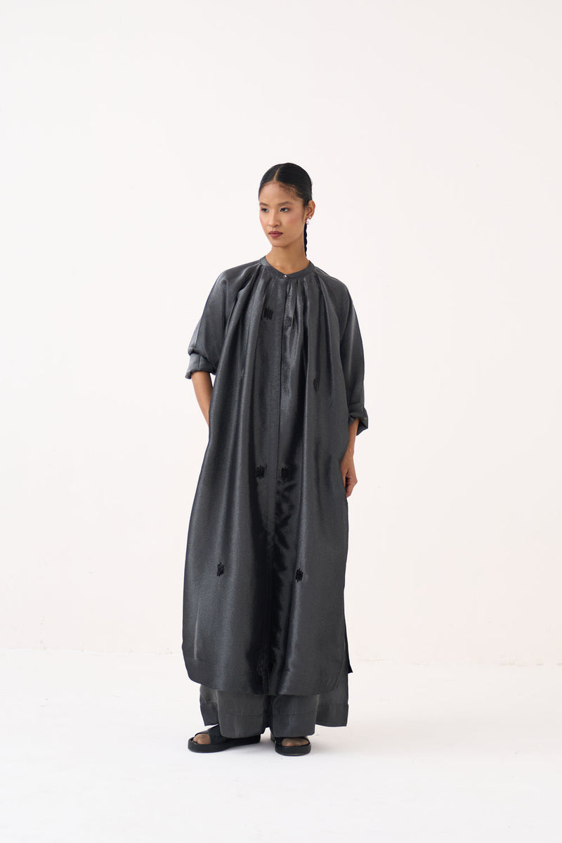 Hand Emb. Gather Neck Shirt Co-Ord (Set Of 2)-Graphite metallic tissue co-ord set by THREE in grey for women in Singapore