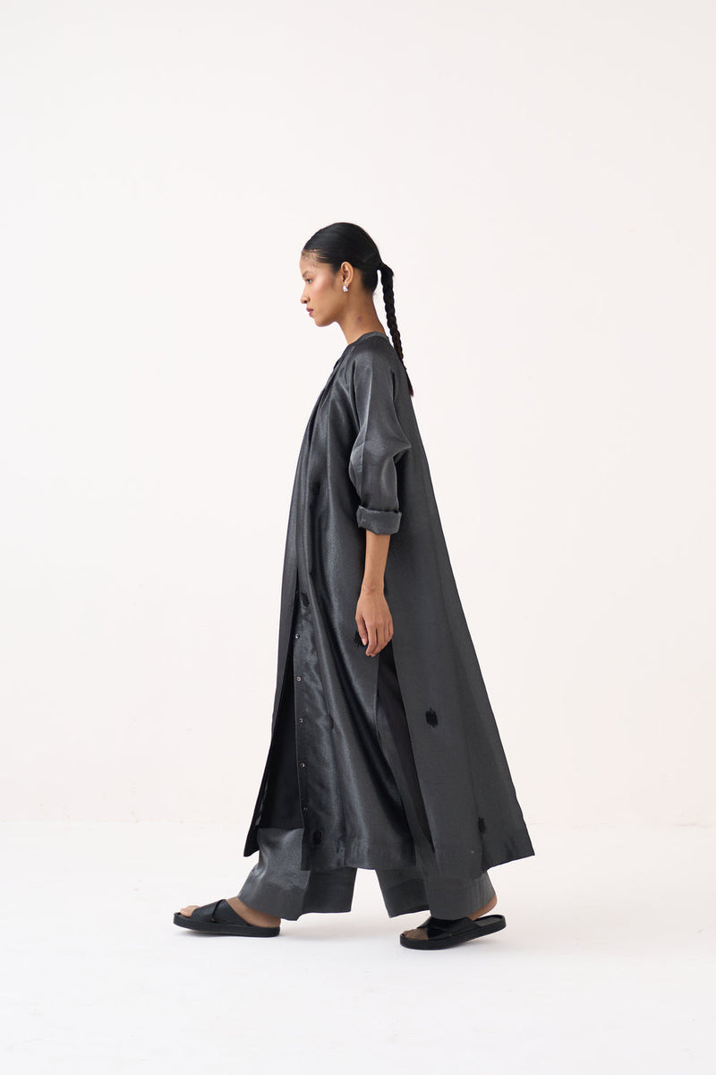 Hand Emb. Gather Neck Shirt Co-Ord (Set Of 2)-Graphite metallic tissue co-ord set by THREE in grey for women in Singapore