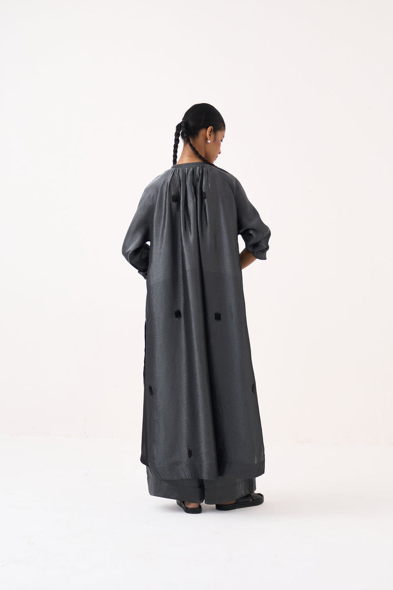 Hand Emb. Gather Neck Shirt Co-Ord (Set Of 2)-Graphite metallic tissue co-ord set by THREE in grey for women in Singapore