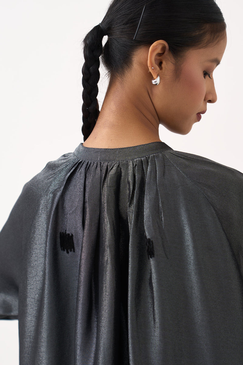 Hand Emb. Gather Neck Shirt Co-Ord (Set Of 2)-Graphite metallic tissue co-ord set by THREE in grey for women in Singapore
