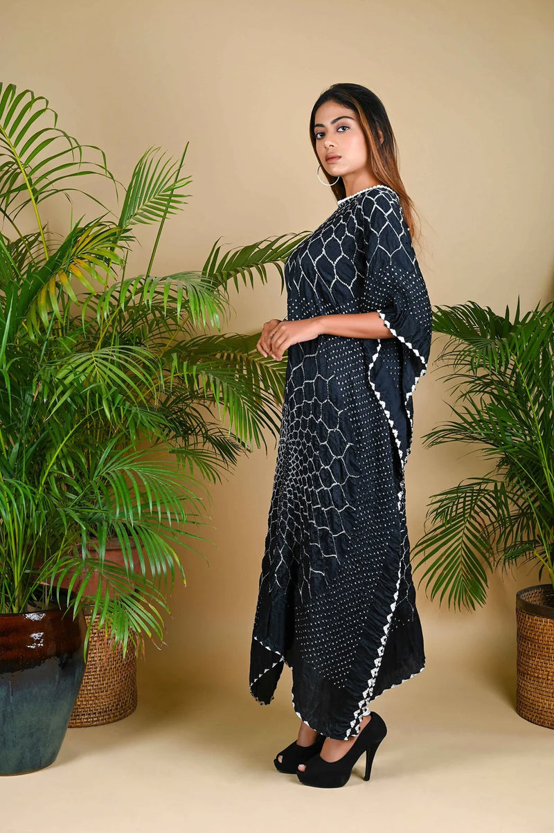 THREE FLOWERS KAFTAN-BLACK silk by Dyelogue in black color for women in Singapore