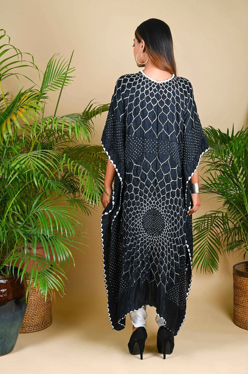 THREE FLOWERS KAFTAN-BLACK silk by Dyelogue in black color for women in Singapore
