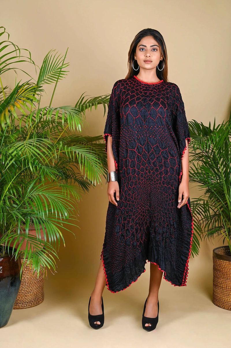 THREE FLOWERS KAFTAN-BLACK W RED DOTS silk by Dyelogue in black color for women in Singapore