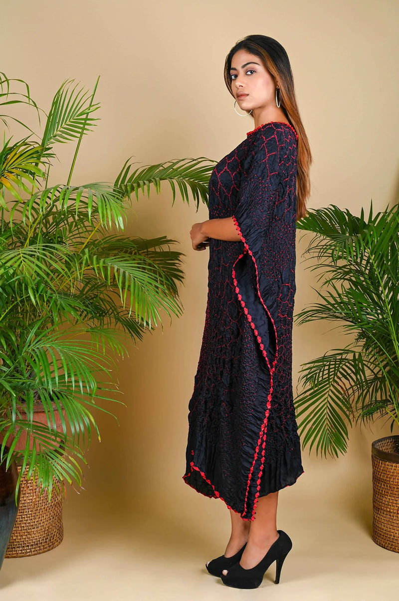 THREE FLOWERS KAFTAN-BLACK W RED DOTS silk by Dyelogue in black color for women in Singapore