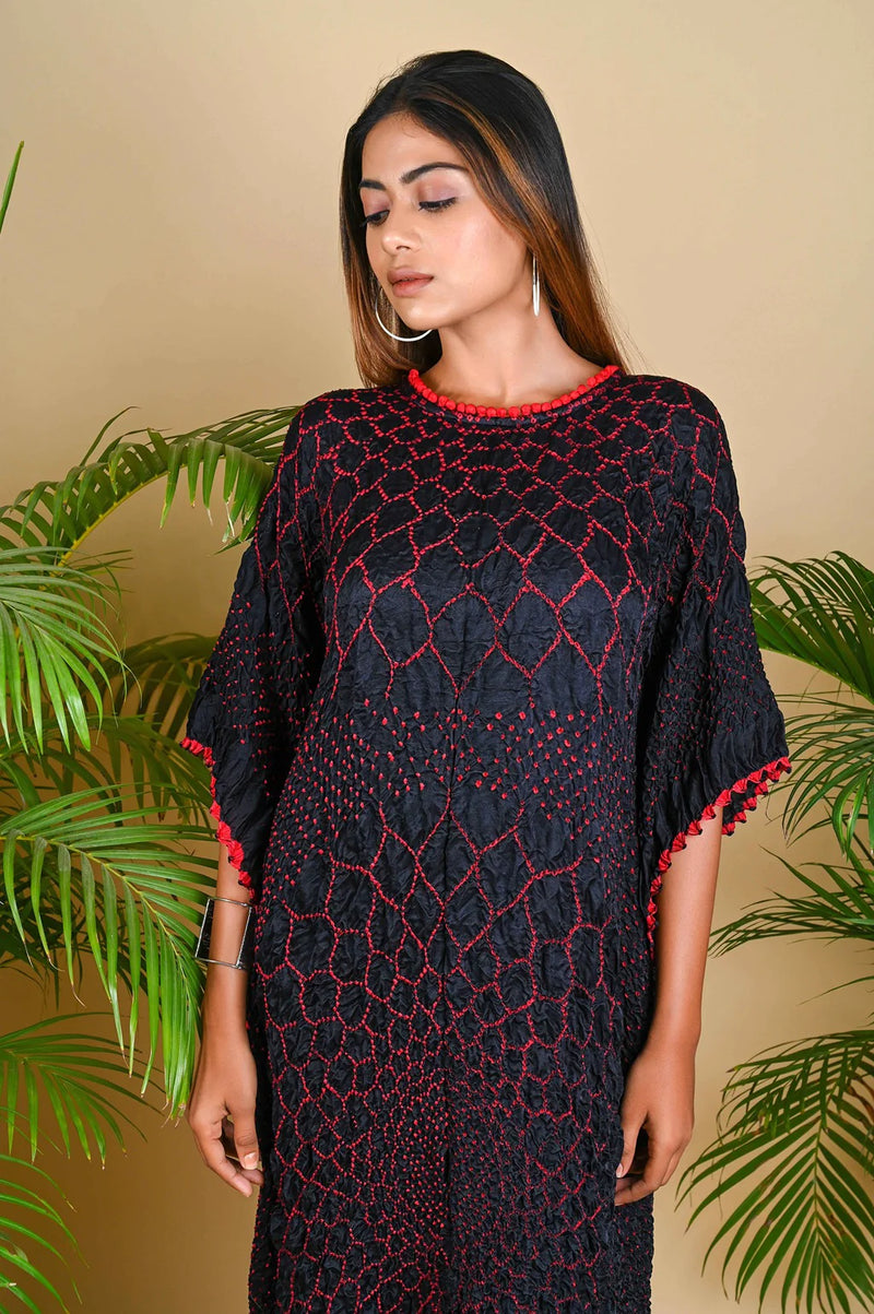 THREE FLOWERS KAFTAN-BLACK W RED DOTS silk by Dyelogue in black color for women in Singapore