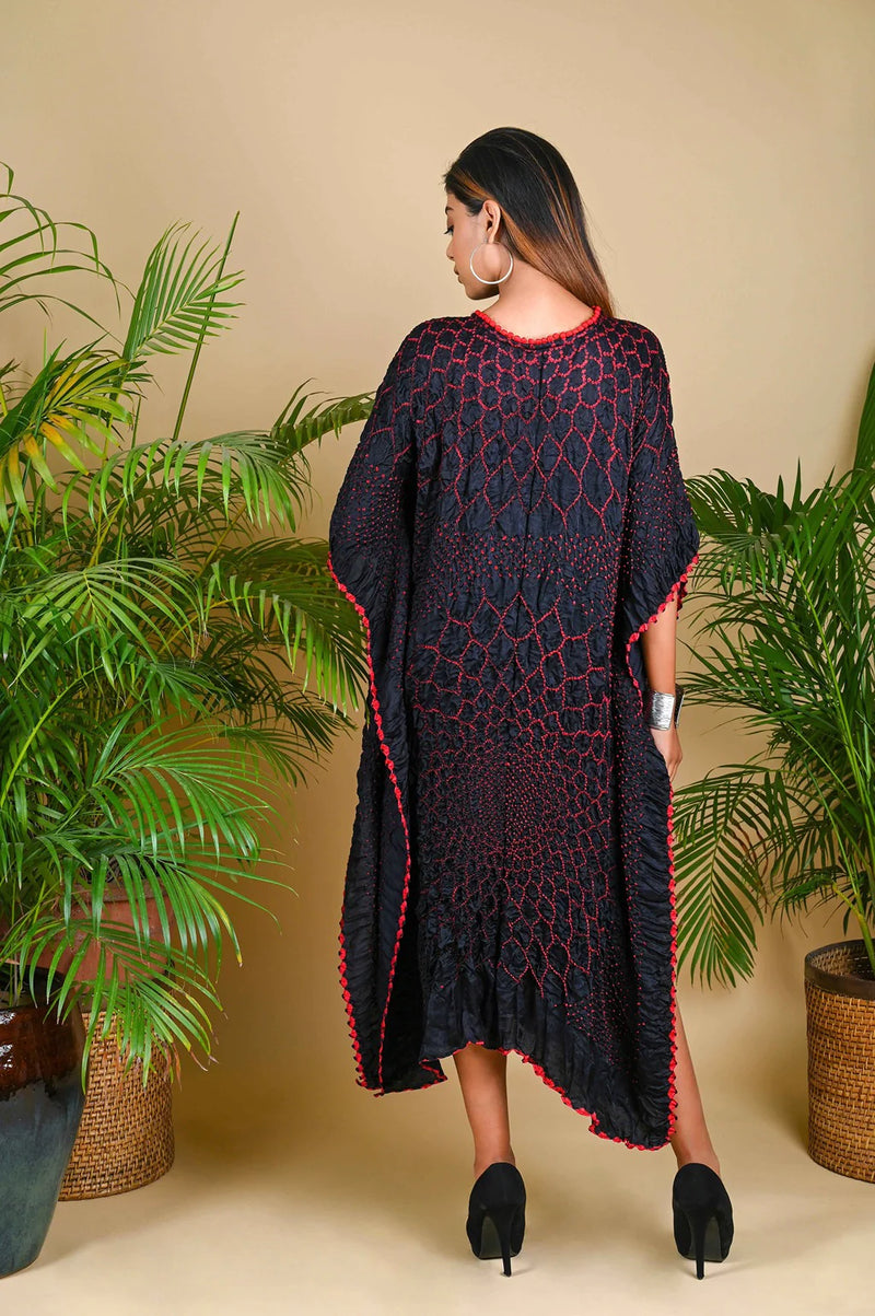 THREE FLOWERS KAFTAN-BLACK W RED DOTS silk by Dyelogue in black color for women in Singapore