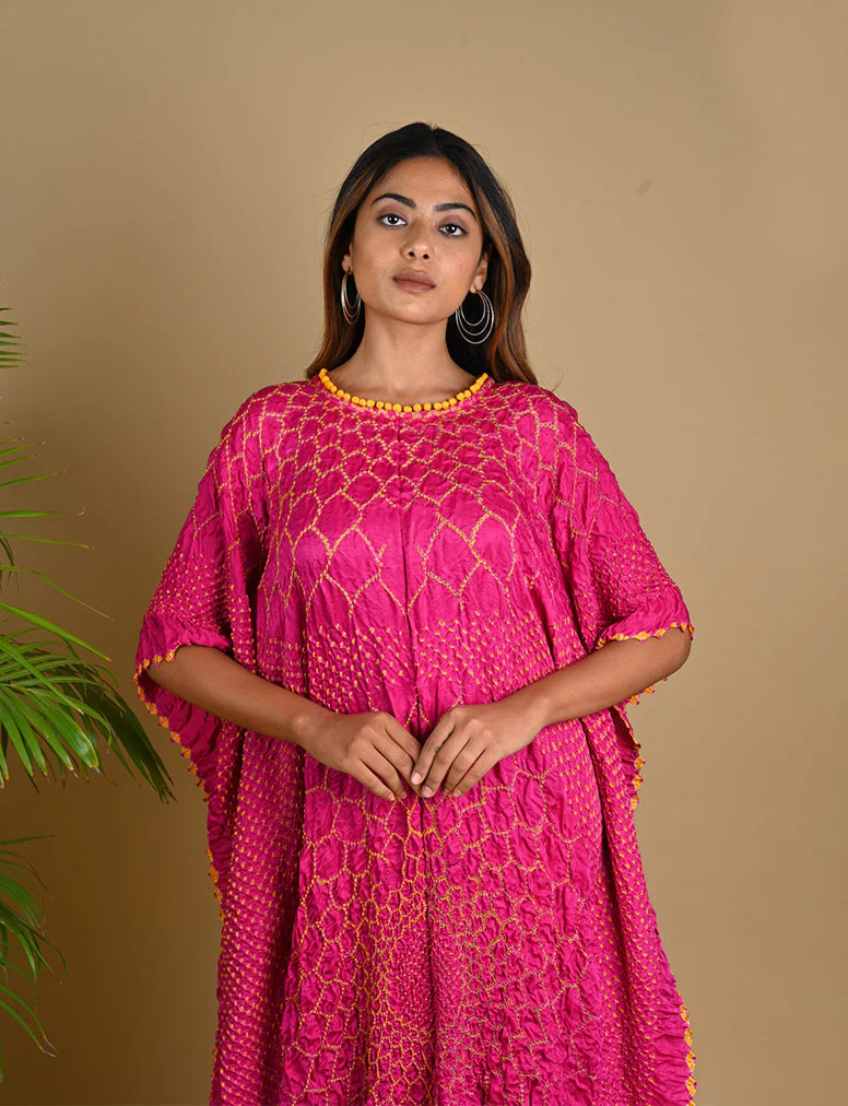 THREE FLOWERS KAFTAN-FUSCHIA PINK silk by Dyelogue for women in Singapore