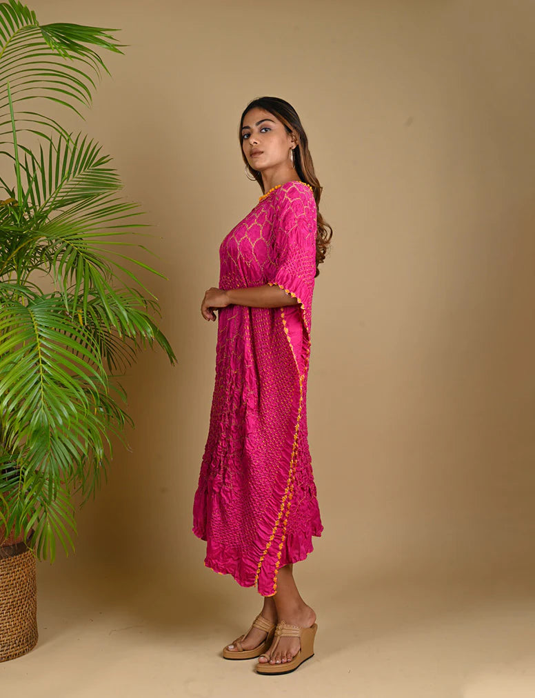 THREE FLOWERS KAFTAN-FUSCHIA PINK silk by Dyelogue for women in Singapore