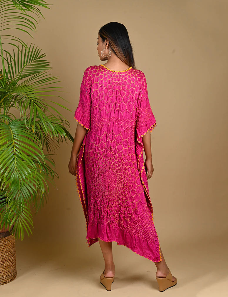 THREE FLOWERS KAFTAN-FUSCHIA PINK silk by Dyelogue for women in Singapore