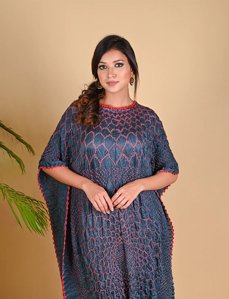 THREE FLOWERS KAFTAN-GREY silk by Dyelogue in grey color for women in Singapore