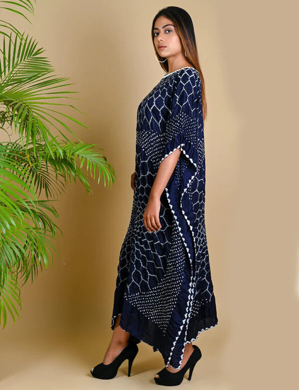 THREE FLOWERS KAFTAN-INDIGO BLUE silk by Dyelogue in blue color for women in Singapore