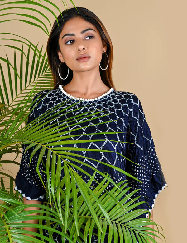 THREE FLOWERS KAFTAN-INDIGO BLUE silk by Dyelogue in blue color for women in Singapore